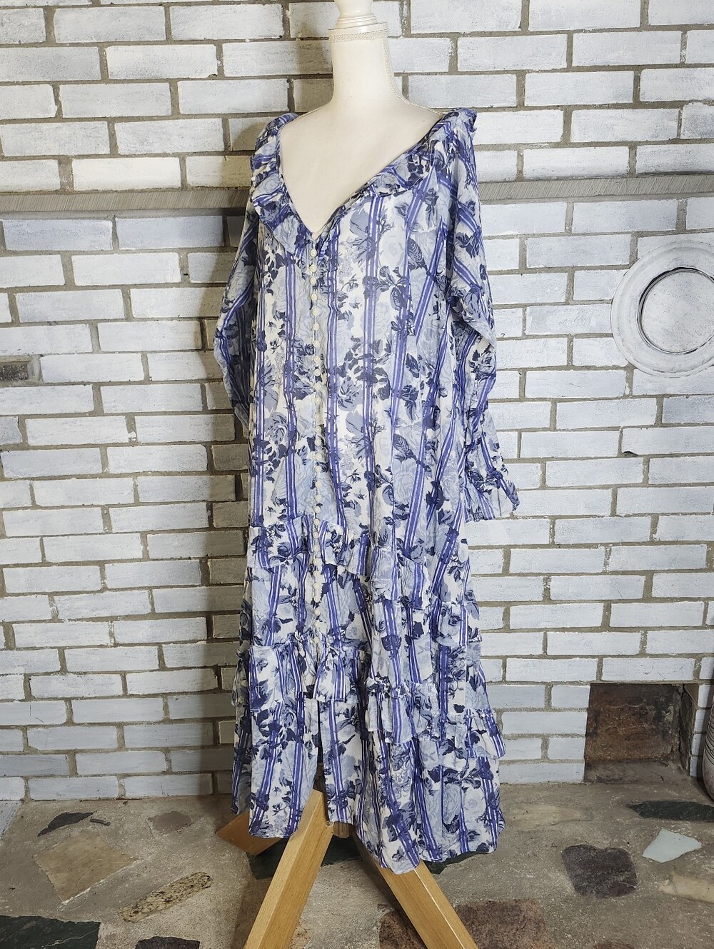 • Free People Dainty Ruffle Cottage Garden Wonders Maxi Dress Blue Combo Large